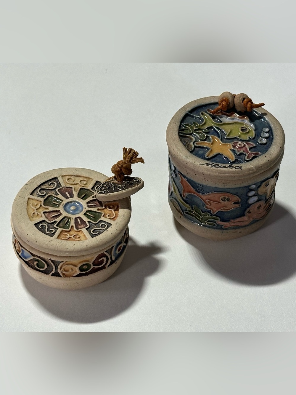 Handcrafted Set of 2 Aruba Enamel Ceramic Trinket Box w/ Lid Ocean Motif TTAYO